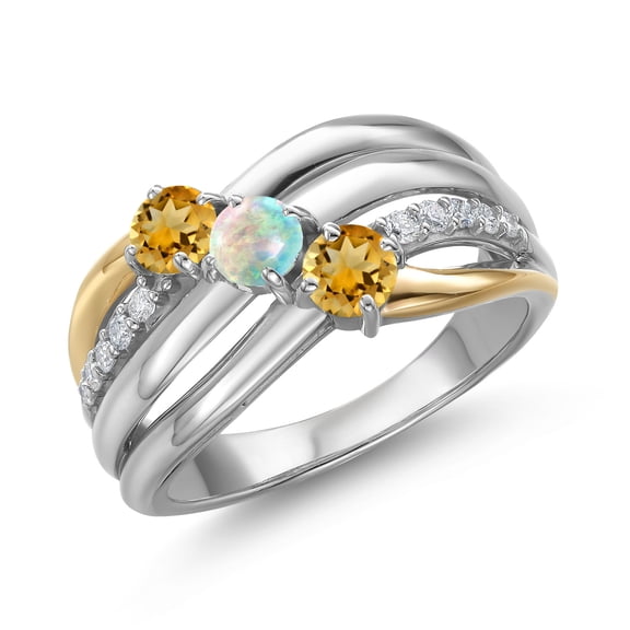 Gem Stone King 925 Silver and 10K Yellow Gold Yellow Citrine and Simulated White Opal and Lab Grown Diamond Engagement Ring for Women | 0.91 Cttw | Round 4MM | November Birthstone | Size 8