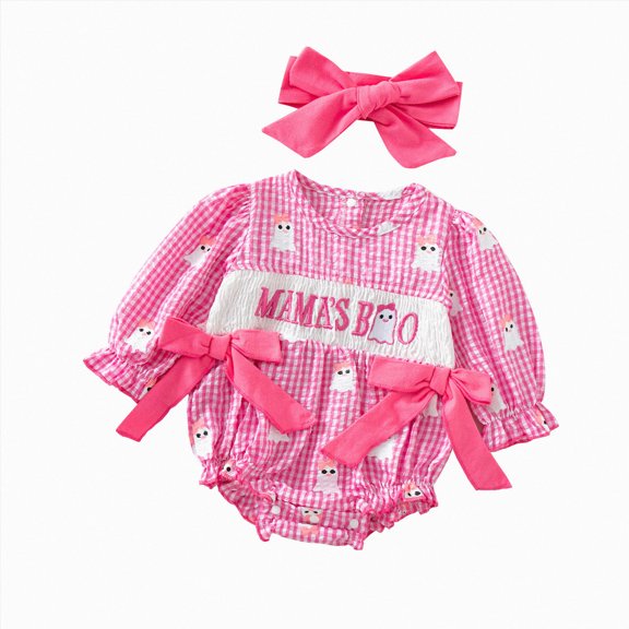 KPOPLK Newborn Baby Girl Fall Outfit Letter Print Long Sleeve Jumpsuit Bubble Romper Infant Clothing Set with Headband(6-9 Months,Pink)
