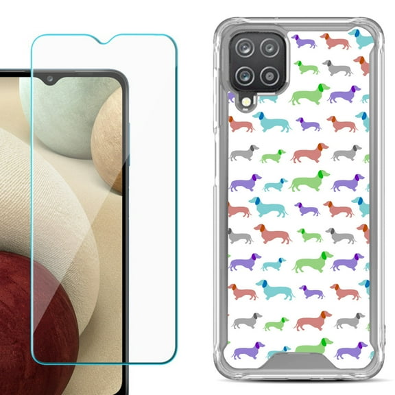 Shockproof Bumper Phone Case for Samsung Galaxy A12, with Tempered Glass Screen Protector, by OneToughShield ® - Colorful Dachshund/Puppy