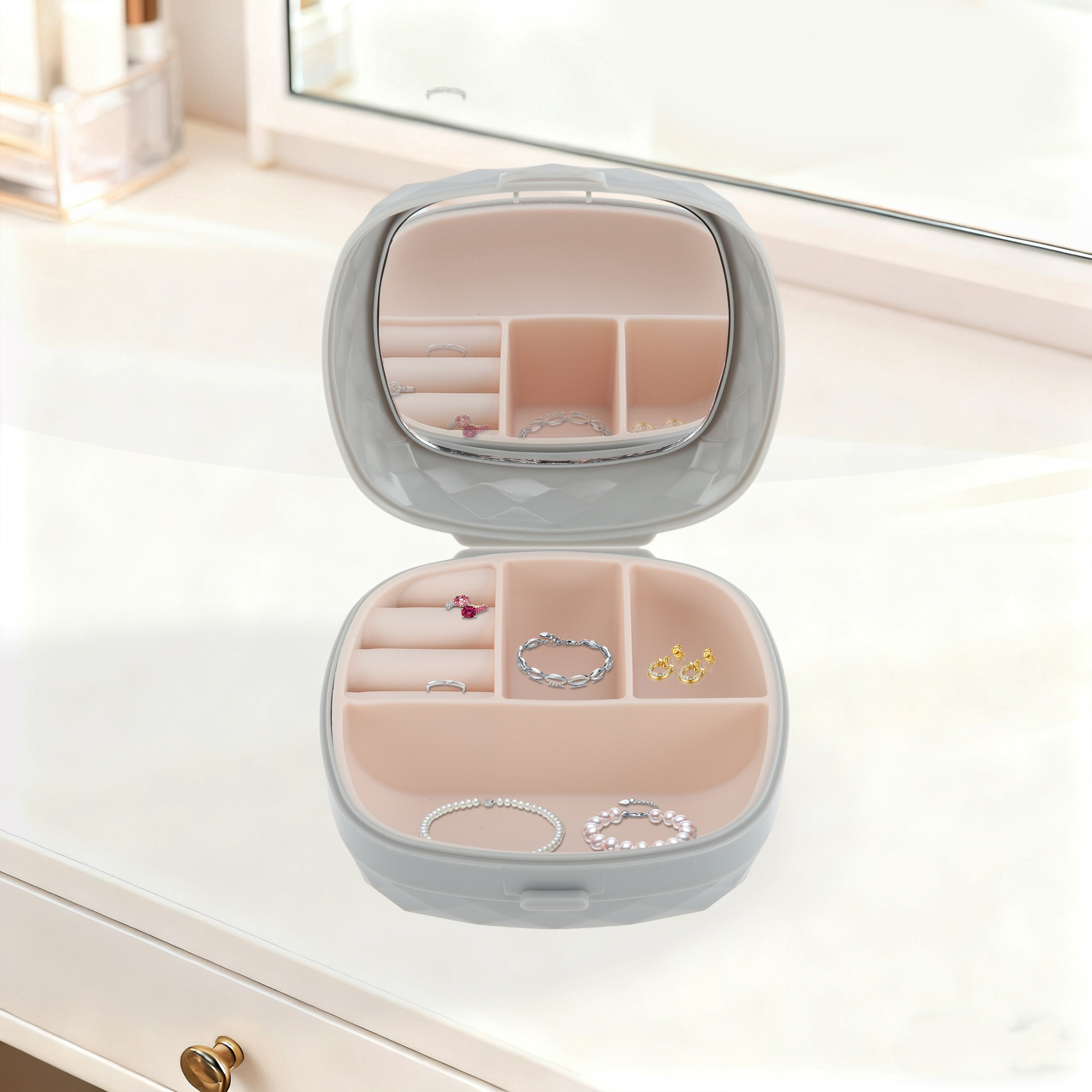 Unique Bargains Multi-Function Stylish Jewelry Box Organizer With Mirror Gray
