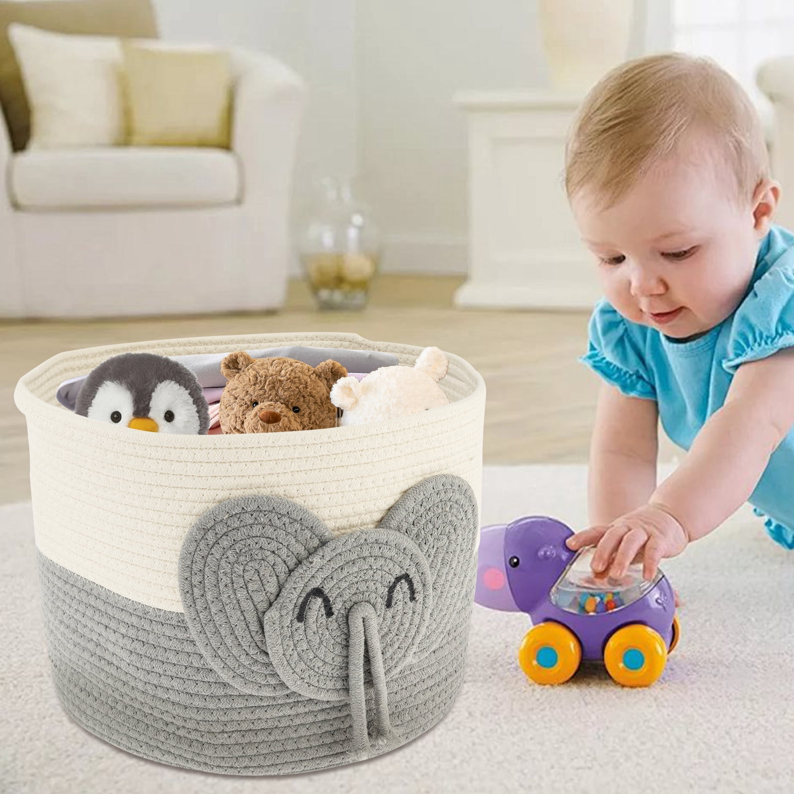 AEVXKHI Cute Laundry Basket Hamper, Versatile Toy Storage Basket, Elephants Cotton Rope Basket, Safe Cotton Rope Basket Soft Toy Storage Woven Baskets