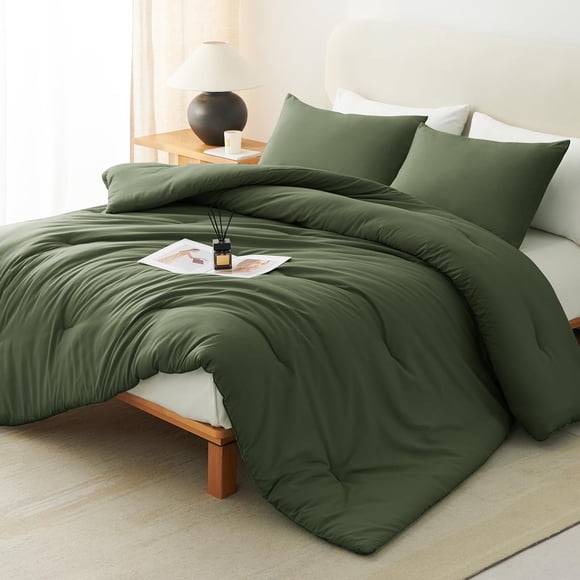Juego de Edredón CozyLux Queen Verde Oliva Oscuro Acolchado 3 Piezas