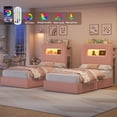 thumbnail image 4 of Homfa 2 Piece Twin Size Beds LED Bed Frame with Storage Headboard & USB Ports & Outlets, Velvet Upholstered Platform Bed Frame with 2 Drawers, Pink, 4 of 8