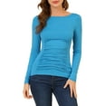 thumbnail image 1 of INSPIRE CHIC Women's Solid Round Neck Long Sleeve Ruched Stretchy Tops M Lake Blue, 1 of 7