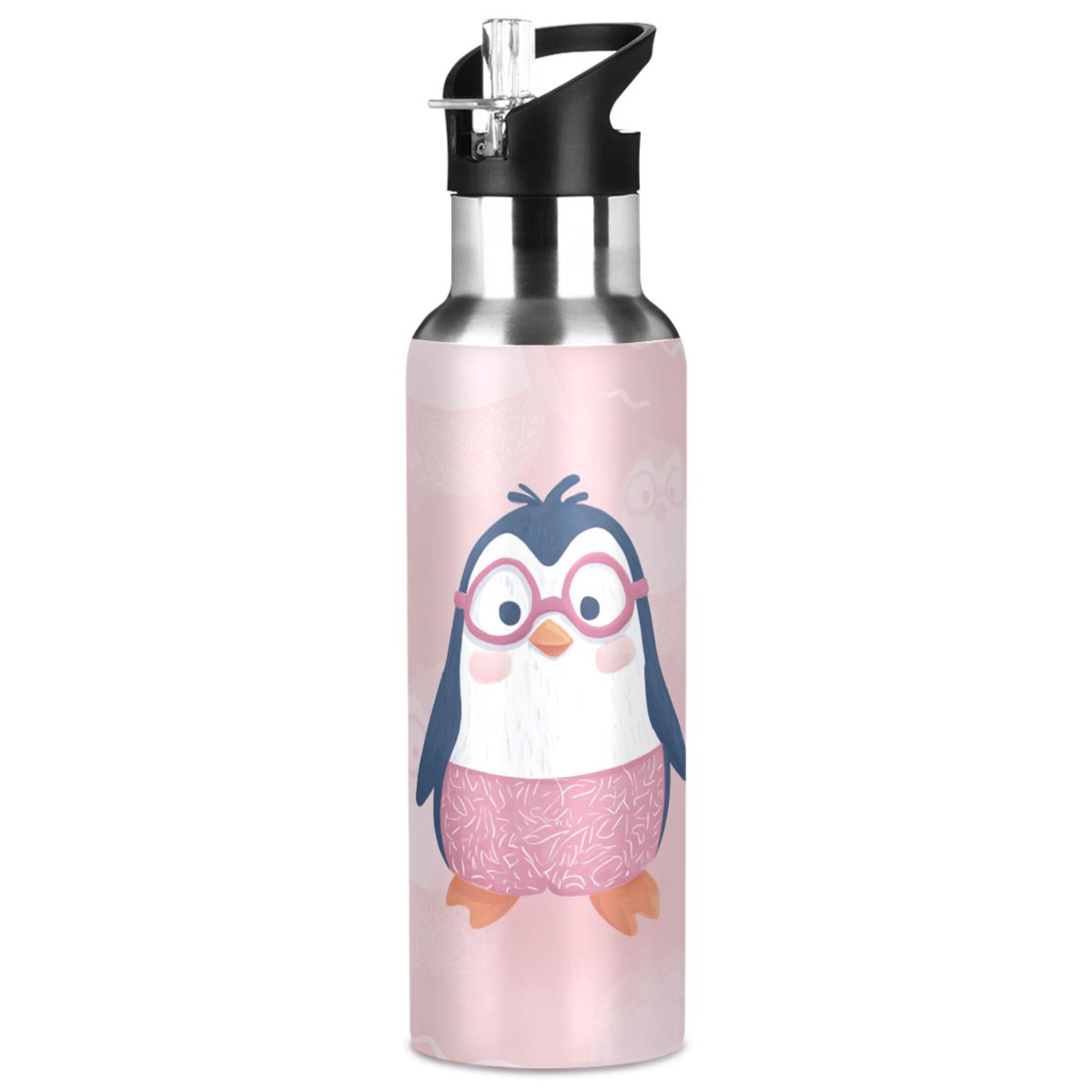 Cute Penguins in Pink Glasses Sports Bottle with Straw Stainless Steel Water Jug Portable Thermal Cup Leak-proof 1000ML