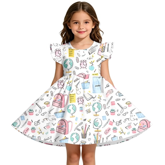 YAYUBA Toddler Girls Back to School Print Dresses Pencil Flutter Sleeve Clothes School Outfits First Day Of School Outfits for Girls 6-7 Years White