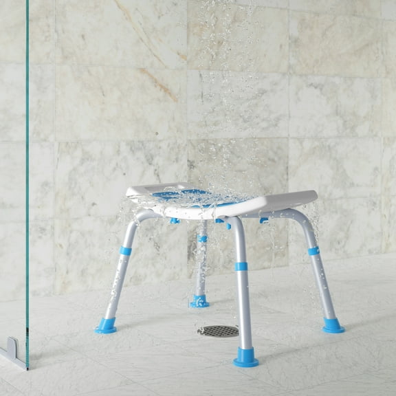 Flash Furniture Padded Shower Stool with Adjustable Height, Non-Slip Feet and Seat Pad in White/Blue