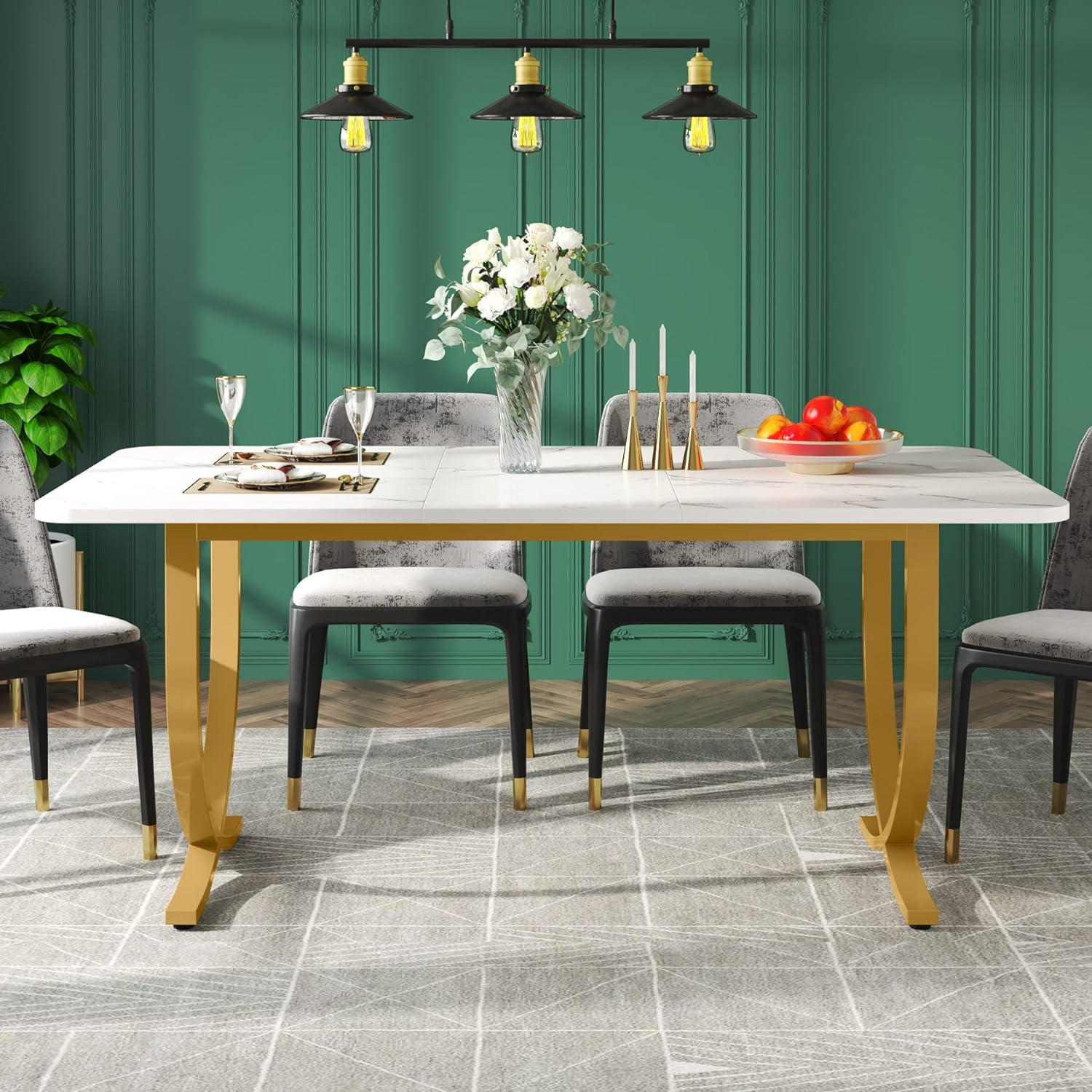 Finmind Rectangular Dining Table for 4 to 6, 63-Inch White and Gold Modern Kitchen Table with Faux Marble Table Top and Metal Legs for Dining Room, Kitchen or Living Room