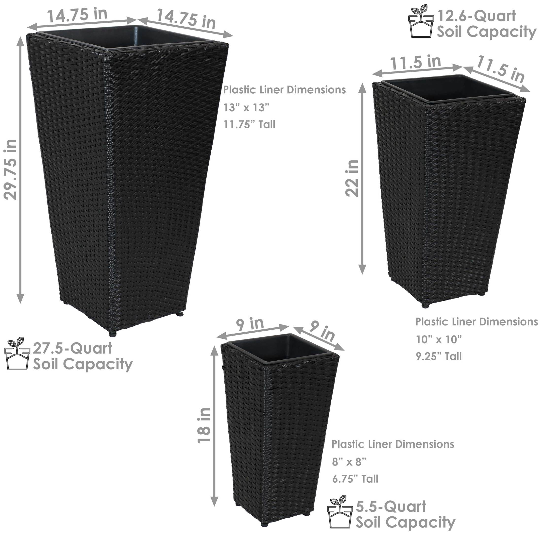 Sunnydaze Assorted Square Outdoor Black Rattan Planter with Liner 3-Count