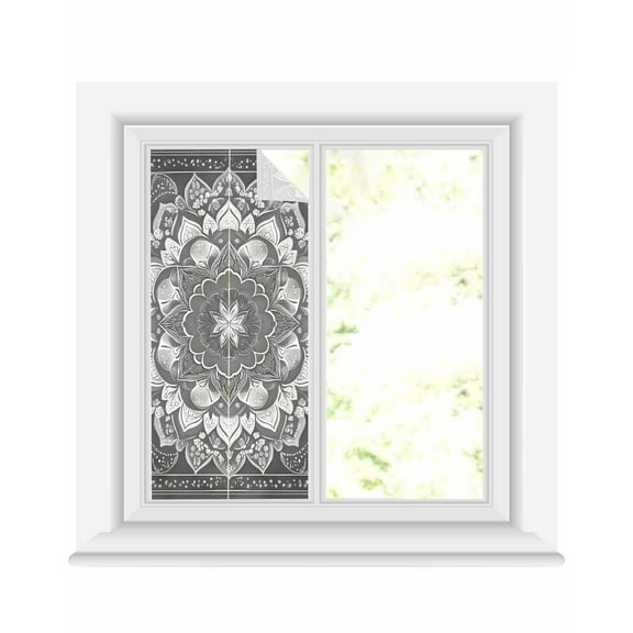 Window Privacy Film Grey Boho Stained Glass Window Film Decorative Sun Block Window Cover Abstract Floral Southwestern Ethnic Tribal Window Clings Static Adhesive Sticker for Bathroom 17.7"x39.3"