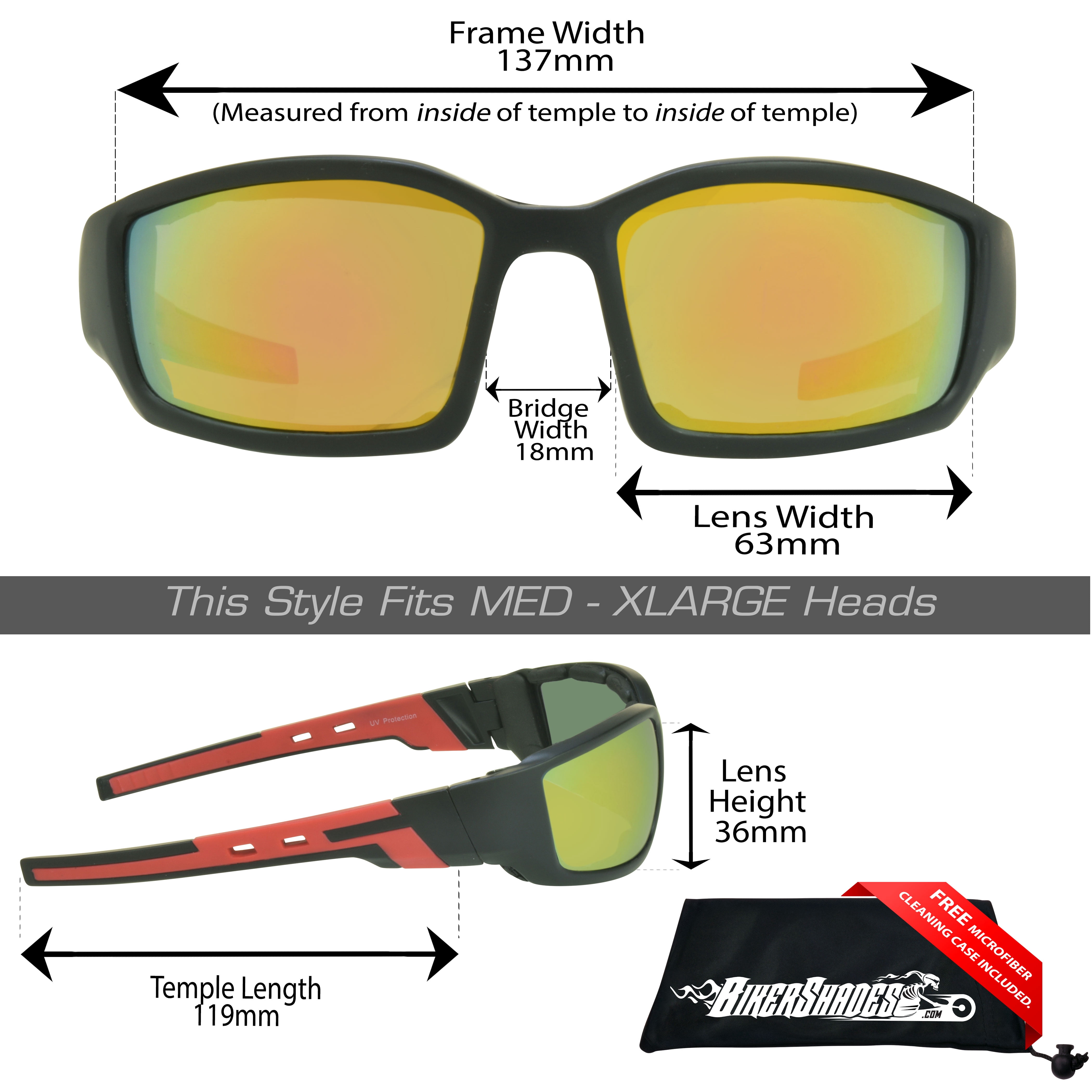 Bikershades Motorcycle Performance Sunglass Foam Padded Adult Male Mirror Orange Lens 2 Pairs