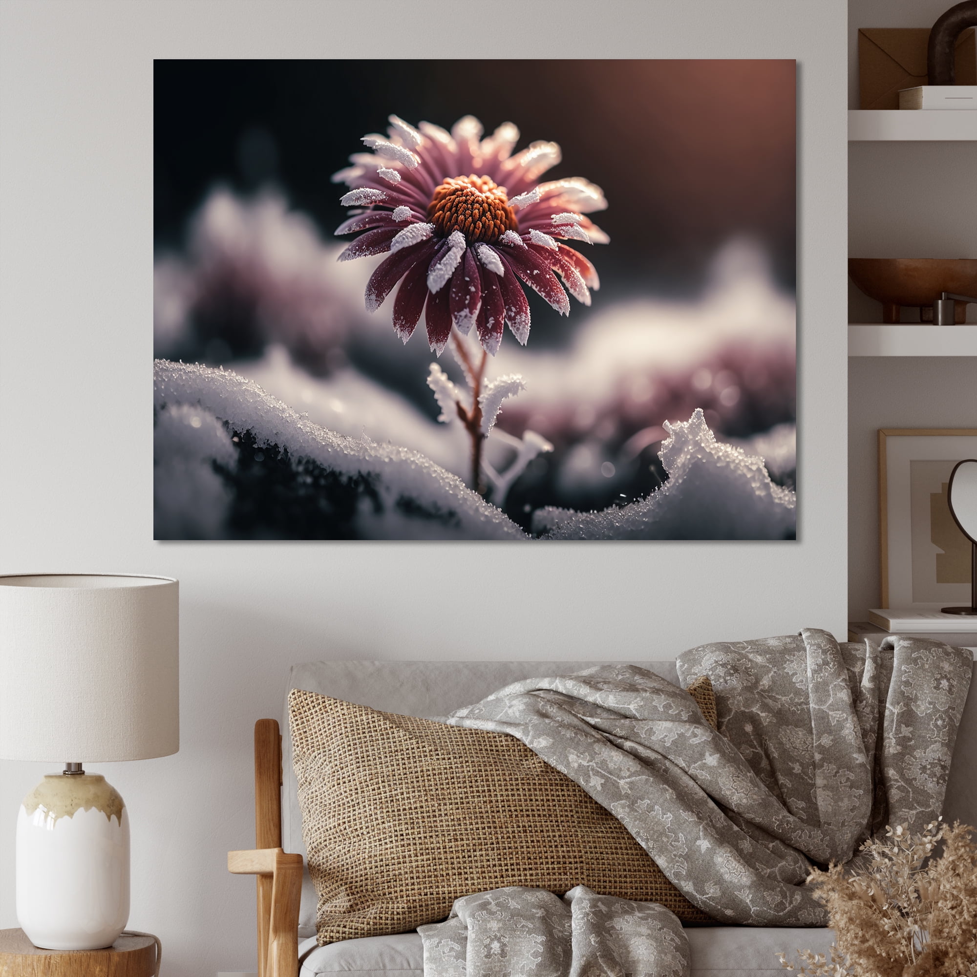 Designart A Blooming Pink Daisy Flower In Winter I Canvas Wall Art