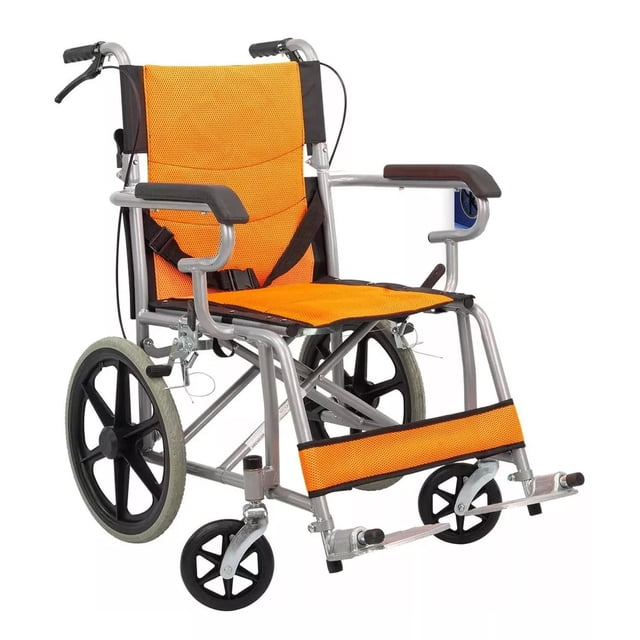 Silla de Ruedas de Traslado Ligera Plegable con Freno 4x4 naranja