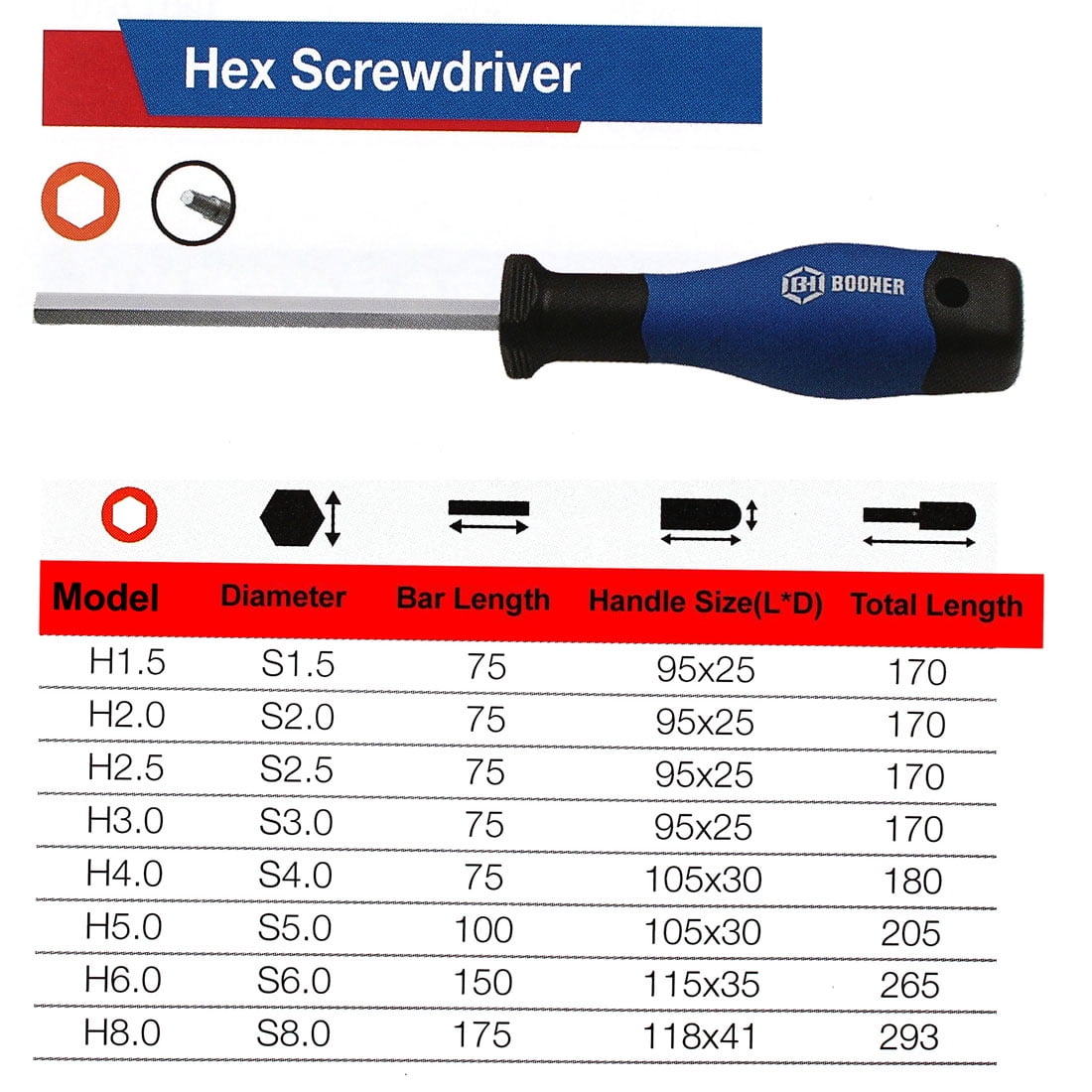 BOOHER Authorized 175mm Long Bar H8.0 8mm Hexagon Head Hex Screwdriver