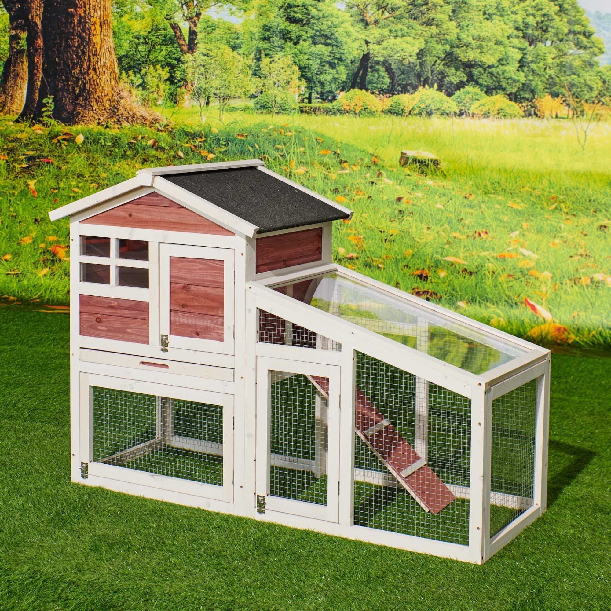Kepooman 2-Tier Wooden Bunny Cage with Ventilation Door & Removable Tray, Rabbit Hutch Hen House, Auburn Kepooman 2-Tier Wooden Bunny Cage with Ventilation Door & Removable Tray, Rabbit Hutch Hen House, Auburn
