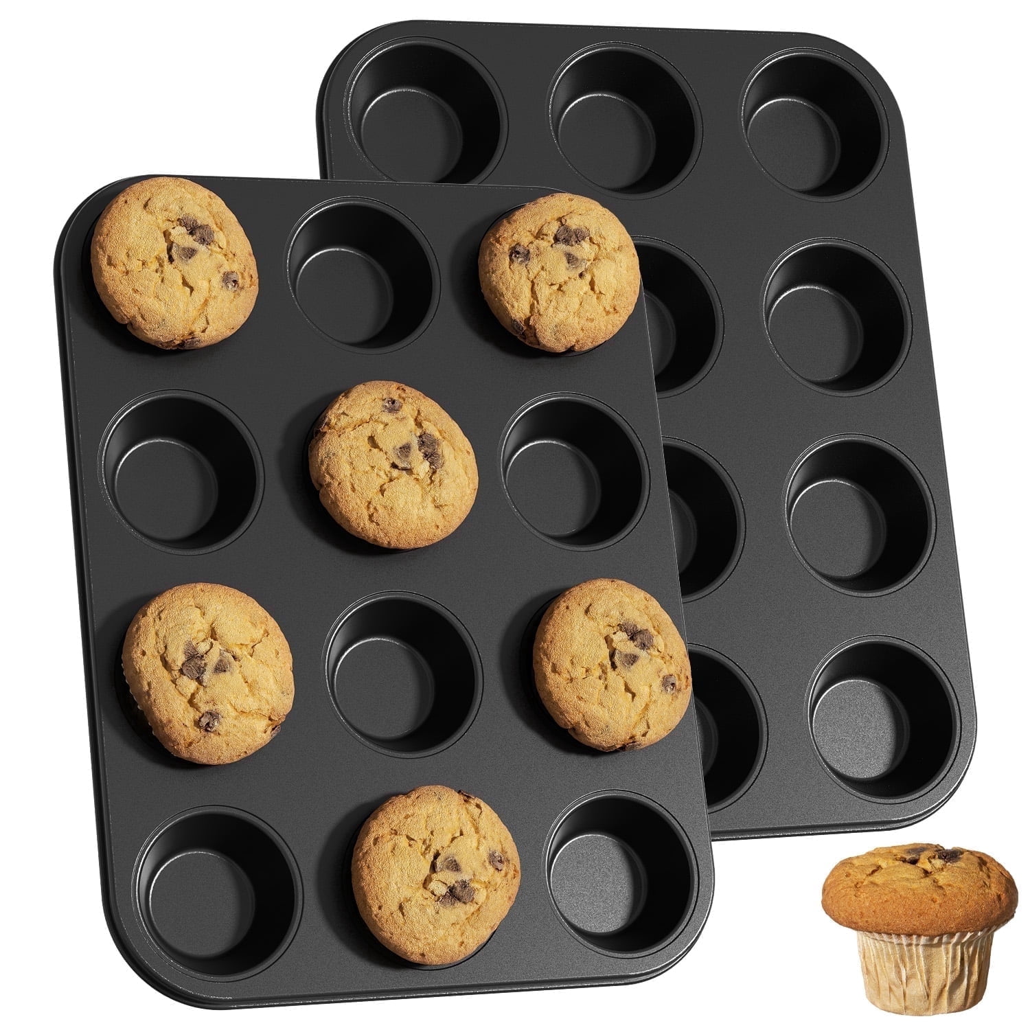 GPED 2 Pack Muffin Pan for Baking, 12-Cup Nonstick Cupcake Pan, 14.2" x 11" x 1.5" with 2.56" Cups, for Muffins, Cupcakes, Brownies, Cheesecake, Carbon Steel, Easy Clean, Oven Safe