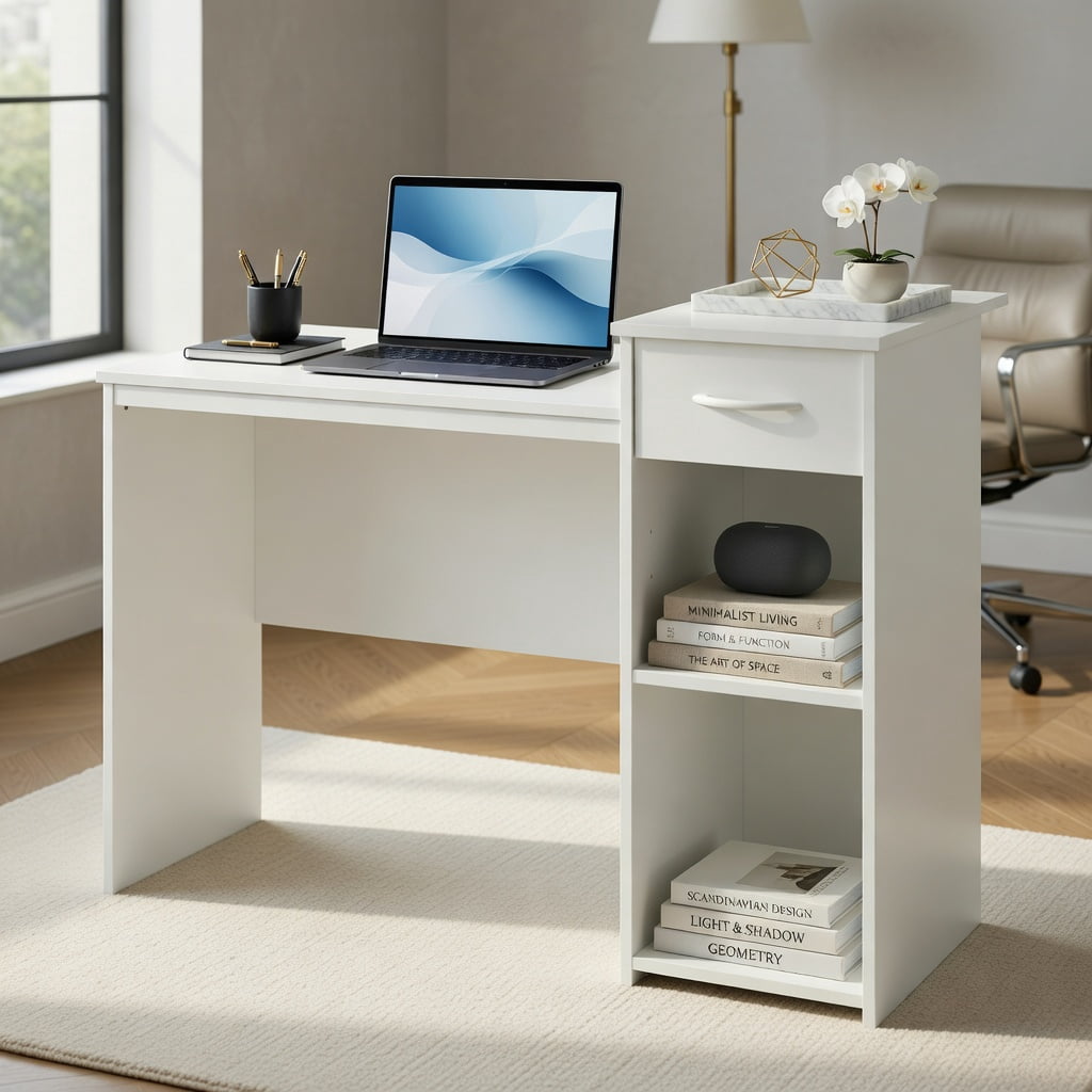 Spaco Computer Desk with Drawer Modern Laptop PC Desk with Adjustable Shelf and Cable Hole-White, Office Desk, Gaming Computer Desks for Study,Working,Writing