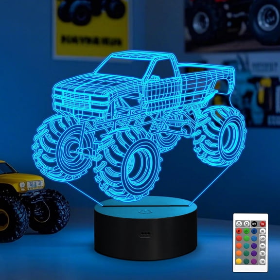 GJX 3D Night Lights for Children,Kids Night Lamp,Monster Trucks for Boys,16 Led Colors Changing Lighting,Car Shape Acrylic Lighting Table Desk Bedroom Decoration,Ideas Birthday Xmas