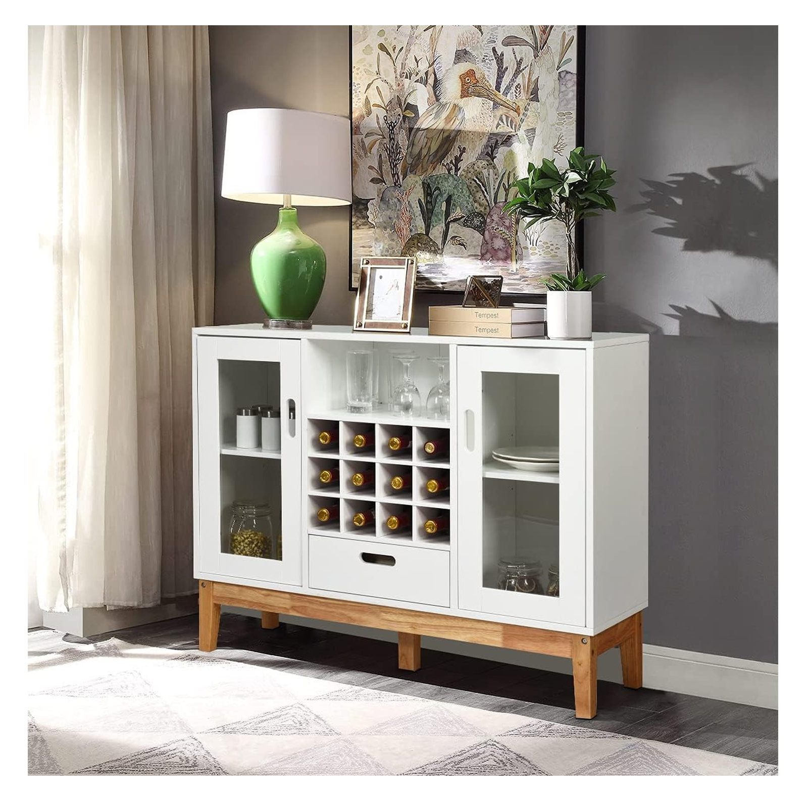 White Sideboard Buffet Storage Cabinet with Removable Wine Rack, Glass Doors, Open Shelf & Drawer, Wood Accent Console Table for Living Room, Entryway