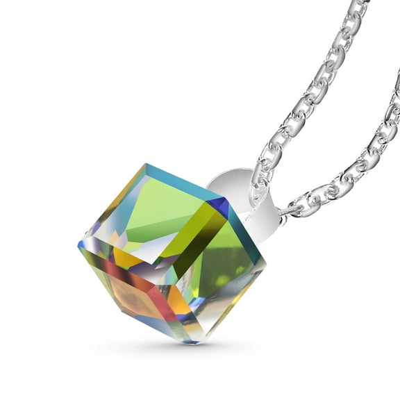 Cute Rainbow Colors 19mm Crystal Prism Cube on Sterling Silver Pendant Necklace