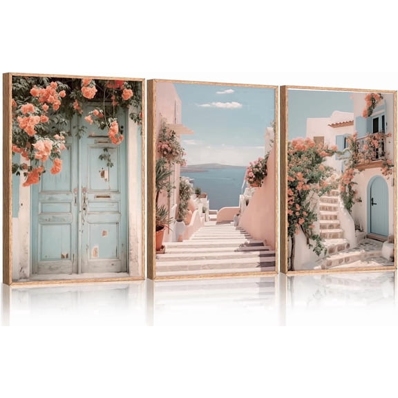 Italy Coast Cityscape Framed Canvas Wall Art Set, Neutral Italian Countryside Wall Decor, Aegean Santorini Landscape Wall Painting, Florida Beach Art Prints for Living Room, Bedroom 16"x24"x3
