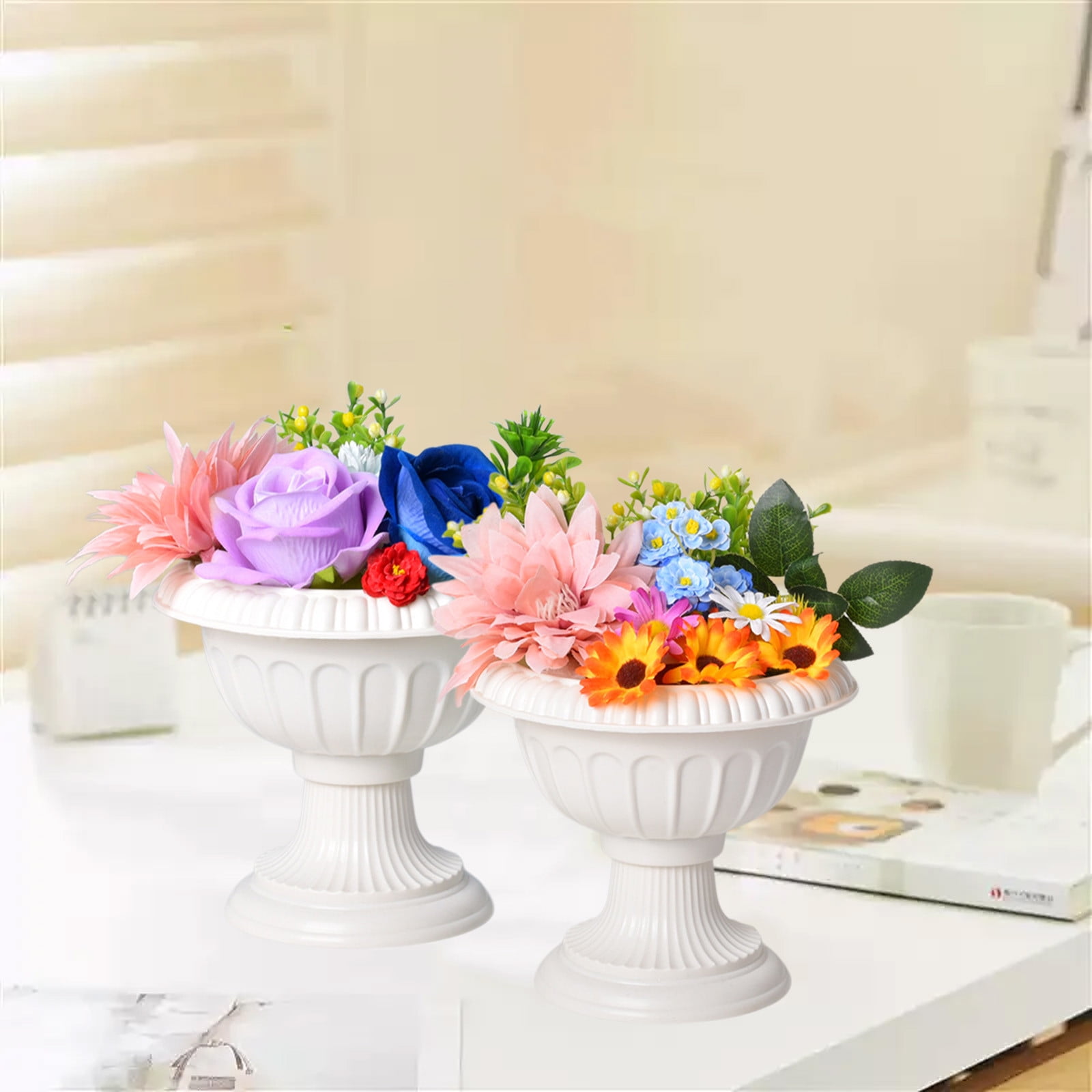 Plastic Flower Pot Roman Style er for Artificial Flowers Fake Home Decor Gardening Container White Decorative Pot for Indoor Outdoor Use 6.2x6.2x5.5 Inch