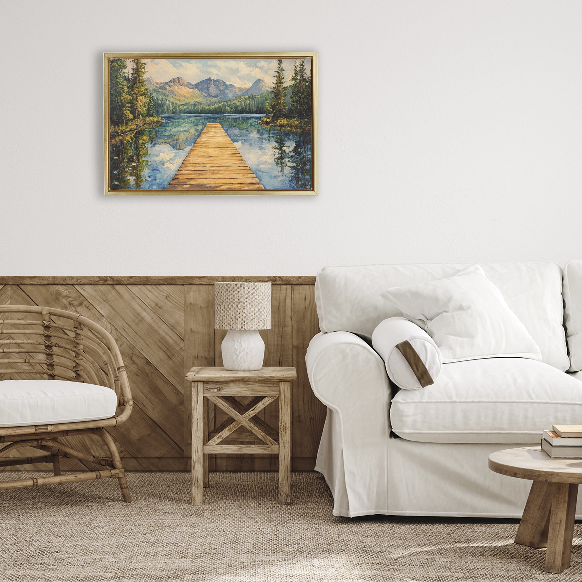 Stupell Industries Dock in The Mountains Gold Framed Floater Canvas Wall Art, design by Petal Prints Design