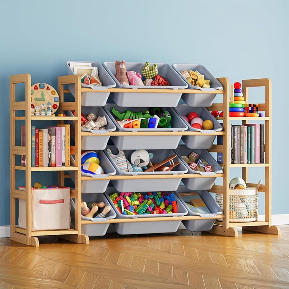 Toy Storage Organizer with 6 Shelves and 12 Bins, Toy Organizers Storage Bookshelf, Kids Bin Shelf Toys Box Bookcase for Bedroom Playroom Organization Room Decor, Neutral Gray