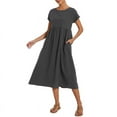 thumbnail image 2 of WBQ Women's Summer Casual Midi Dress Solid Color Short Sleeve Loose Cotton Linen Dress With Pockets Crew Neck Casual A Line Dress S-2XL, 2 of 5