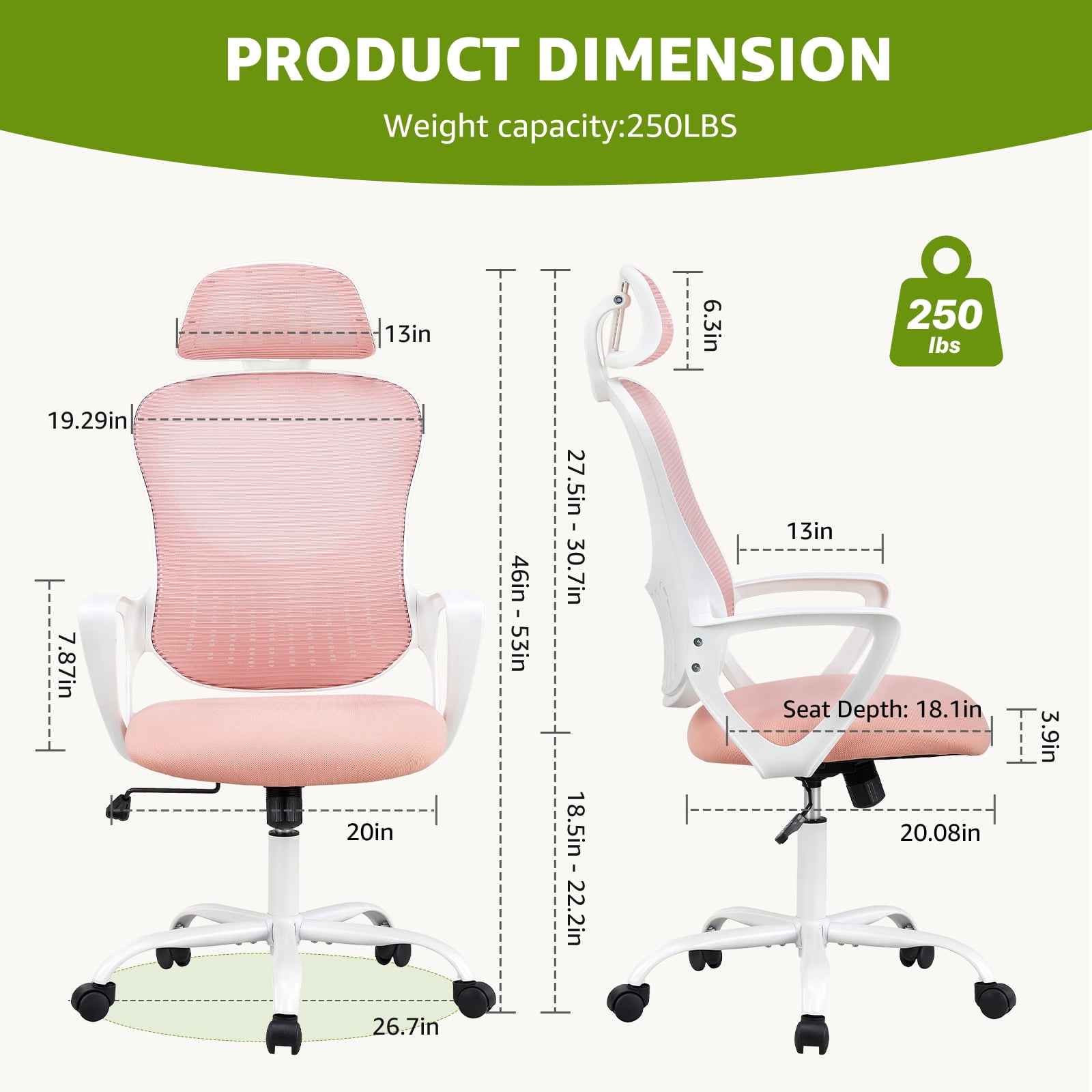 CONCETTA Ergonomic Office Chair, High Back Mesh Computer Swivel Chair with Adjustable Headrest, Pink