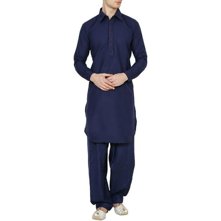 

Royal Mens Blue Neck Thread Embroidered Classic Collar Polycotton Pathani Kurta and Salwar