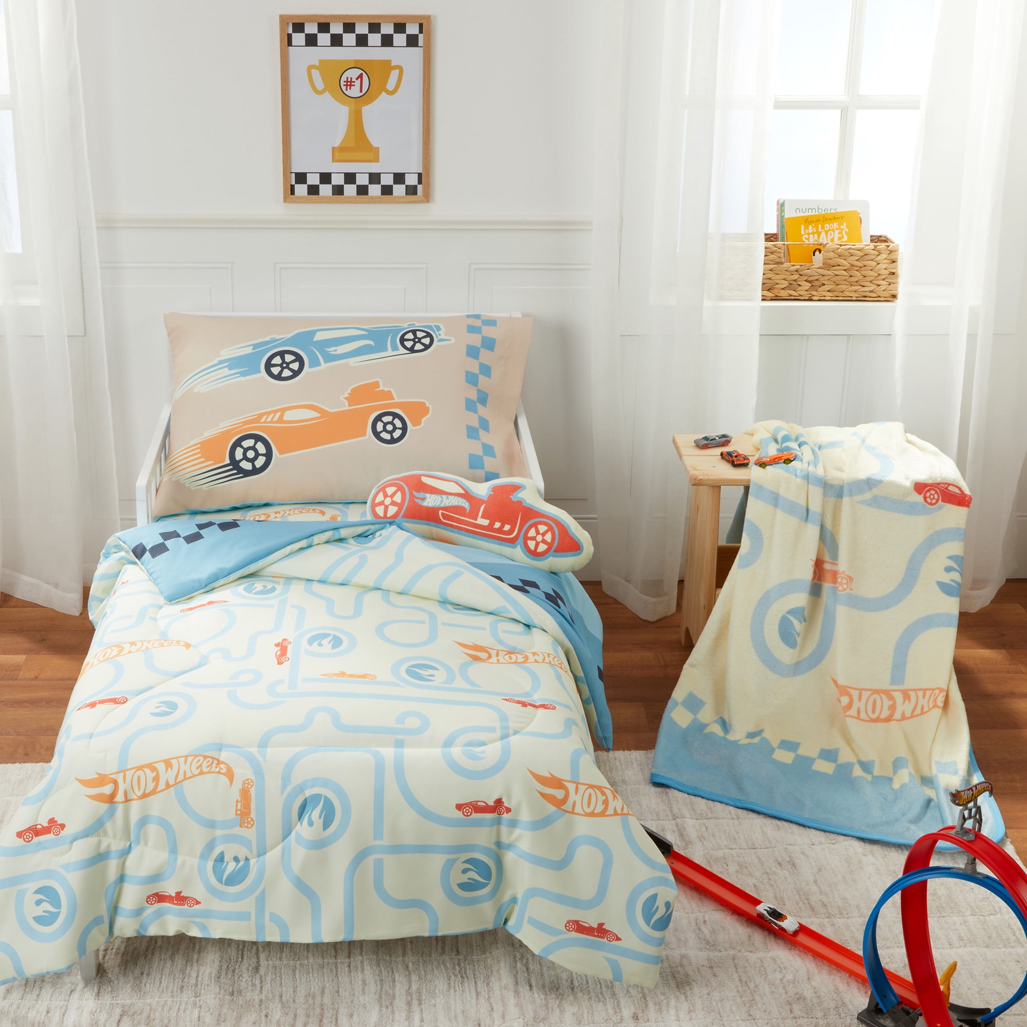 Hot Wheels Toddler Bedding, 5Pc Set, Comforter, Sheet, Pillowcase, Throw, Pillow