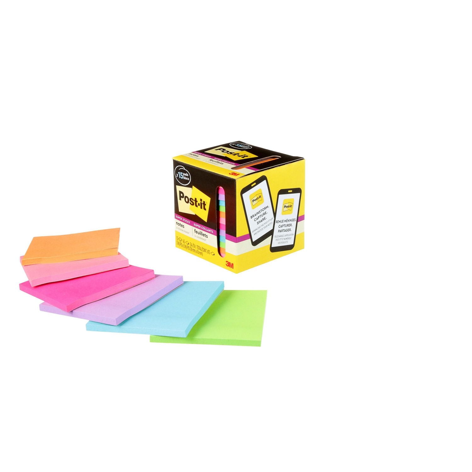 Post-it® Super Sticky Notes 654-15SSCP, Cabinet Pack, Assorted Colours, 3 in x 3 in (76 mm x 76 mm), Super Sticky Notes