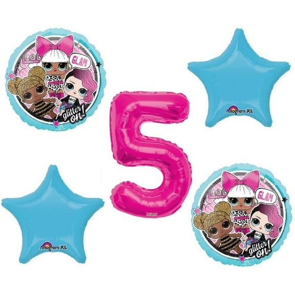 L.O.L.  Round Balloon Bouquet 5 pc, 5th Birthday, Hot Pink Number 5 Jumbo Balloon
