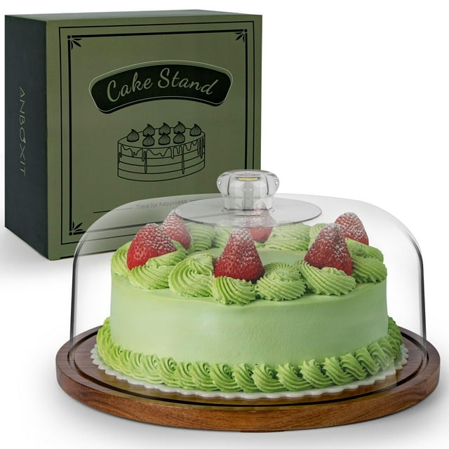 Soporte para tartas con cúpula, plato para tartas con pies, madera de acacia y tapa acrílica irrompible, soporte para tartas de madera con cúpula