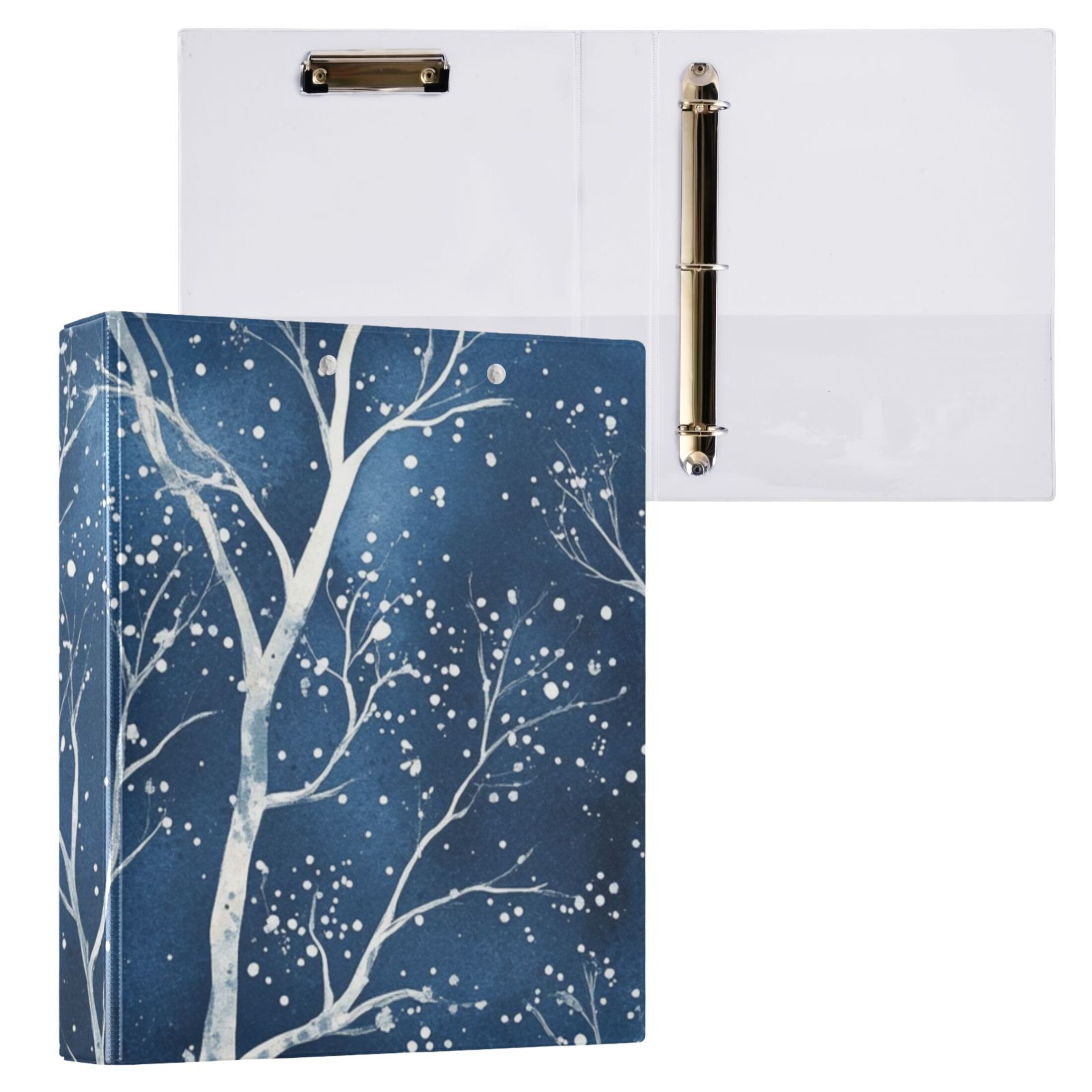 White Trees Winter 3 Ring Binders 1.5 inch Hardcover File Folders with Interior Pockets A4 Size Organizer for School Office Hospital