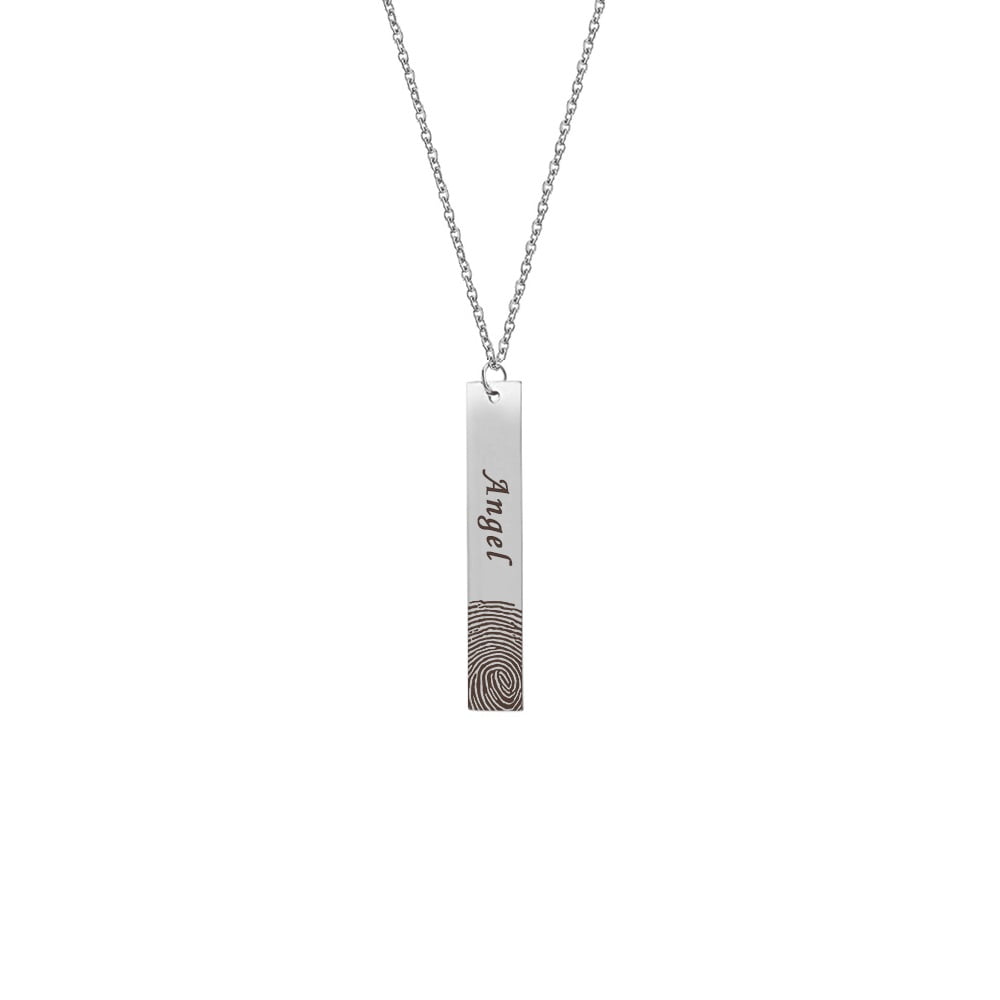 Personalized Engravable Actual Loved One Fingerprint Bar Name Necklace Keepsake Pendant Memorial Jewelry with Gift Box [Silver]