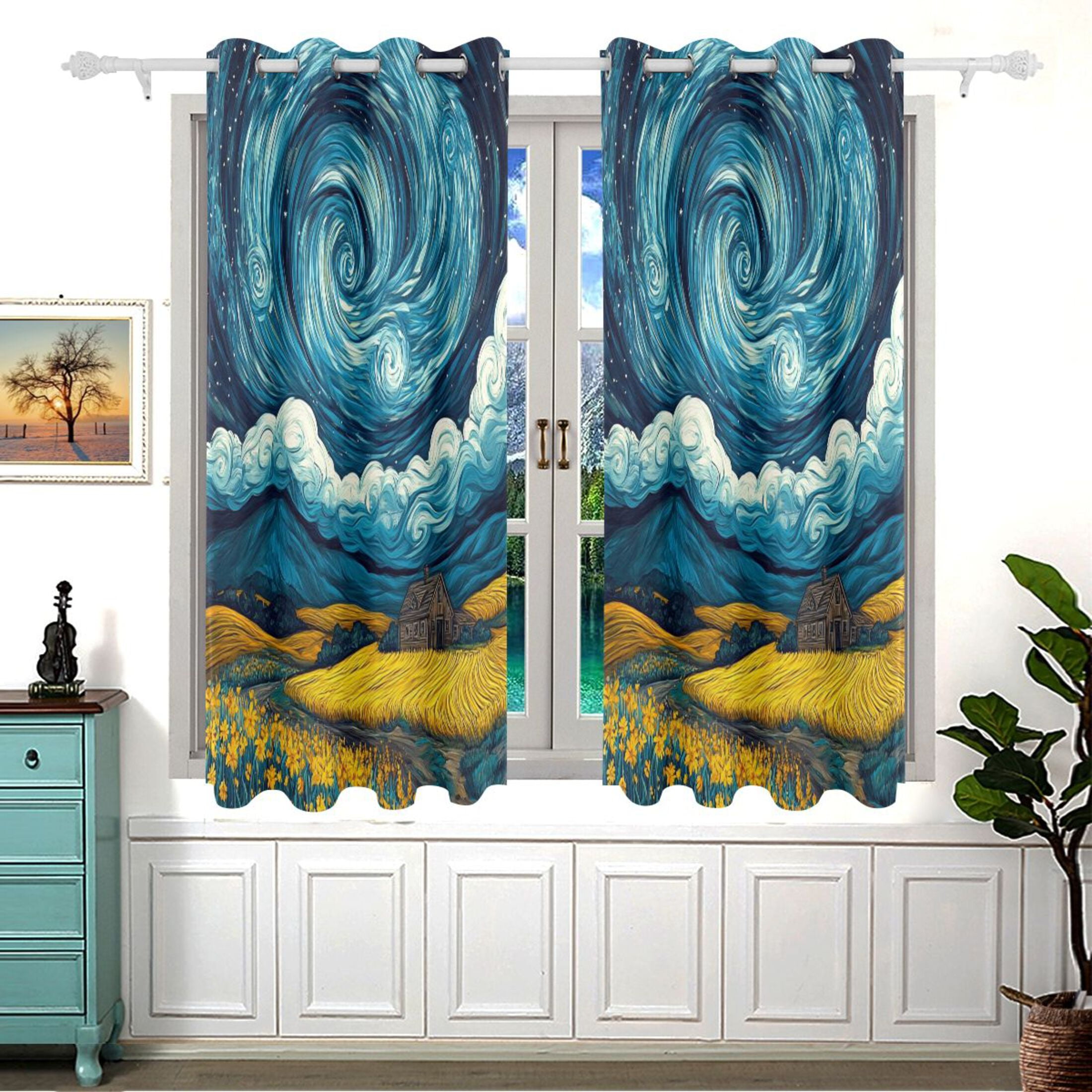 Starry Night Scenery Blackout Curtains for Living Room Bedroom 55W x 54L Insulated Window Drapes 2 Panels