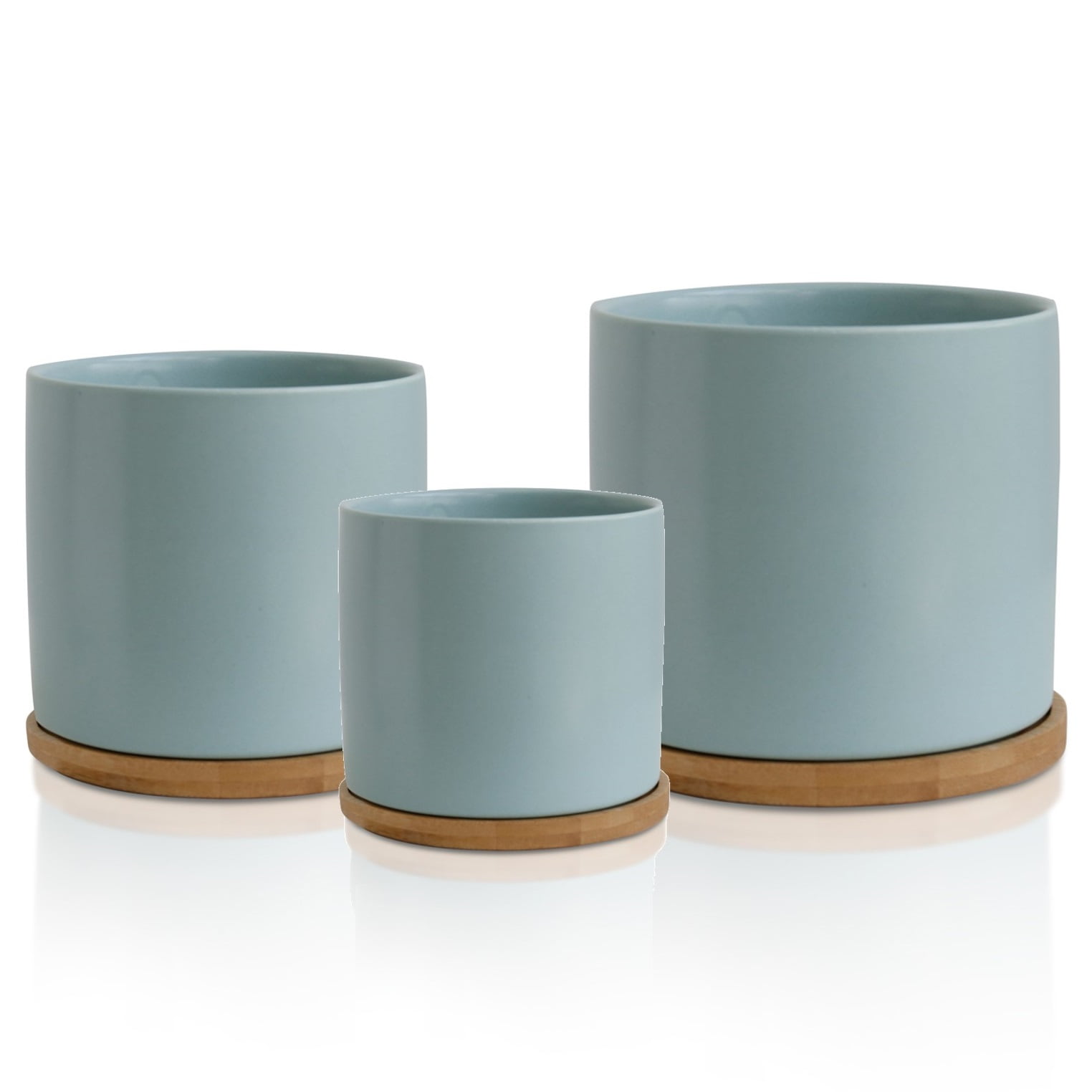 Pastel Blue Set 3 Ceramic Plant Pots with Bamboo Coasters Indoor