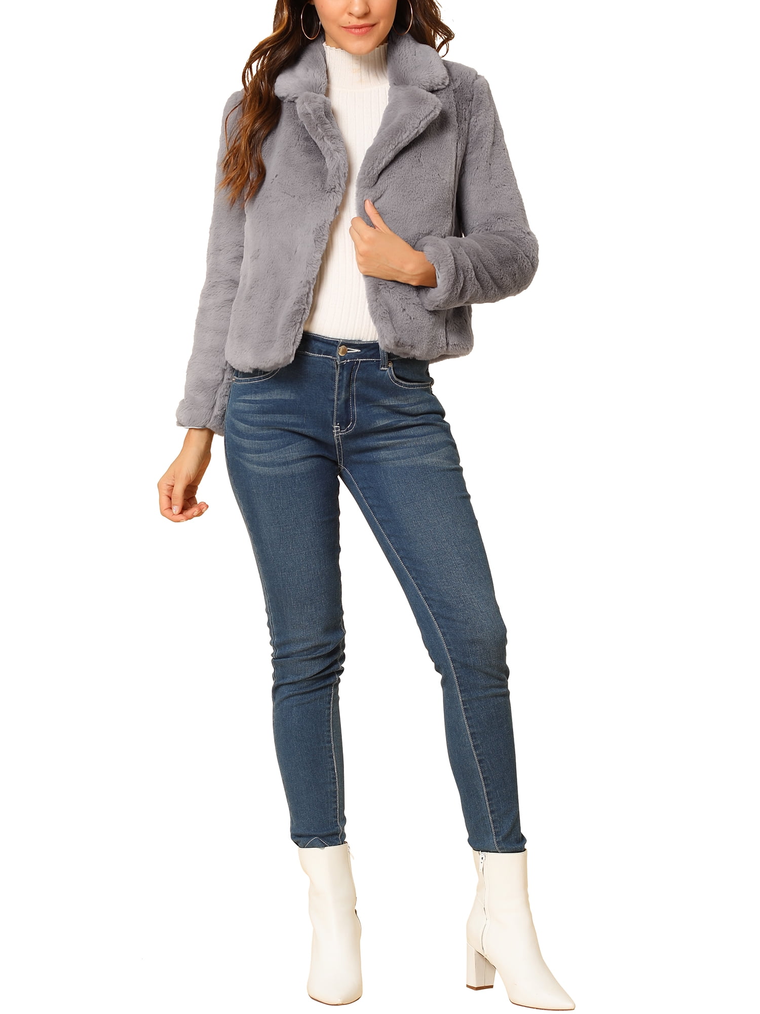 DARING DIVA Women's Cropped Notch Lapel Faux Fur Fluffy Coat S Grey