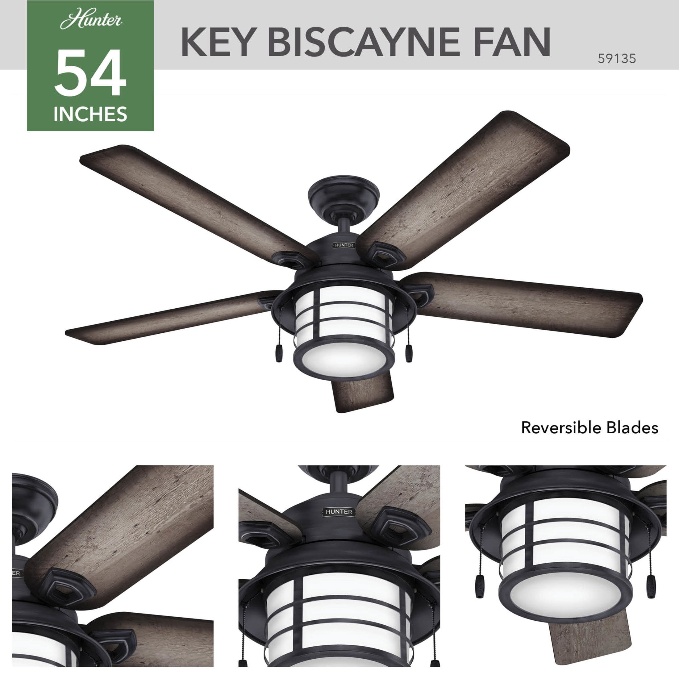 Hunter 54 inch Outdoor or Indoor Ceiling Fan with LED Light - Rustic Ceiling Fan with Pull Chain, For Bedroom, Living Room, or Patio, Standard Mount, No Remote - Key Biscayne 59135, Weathered Zinc