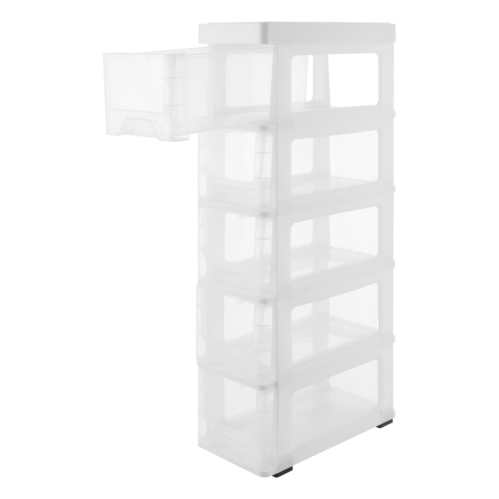 ToppiJoy 5 Drawers Narrow Bathroom Storage Cabinet, Storage Cabinet with Movable Wheels for Bathroom, Bedroom (White, Clear)