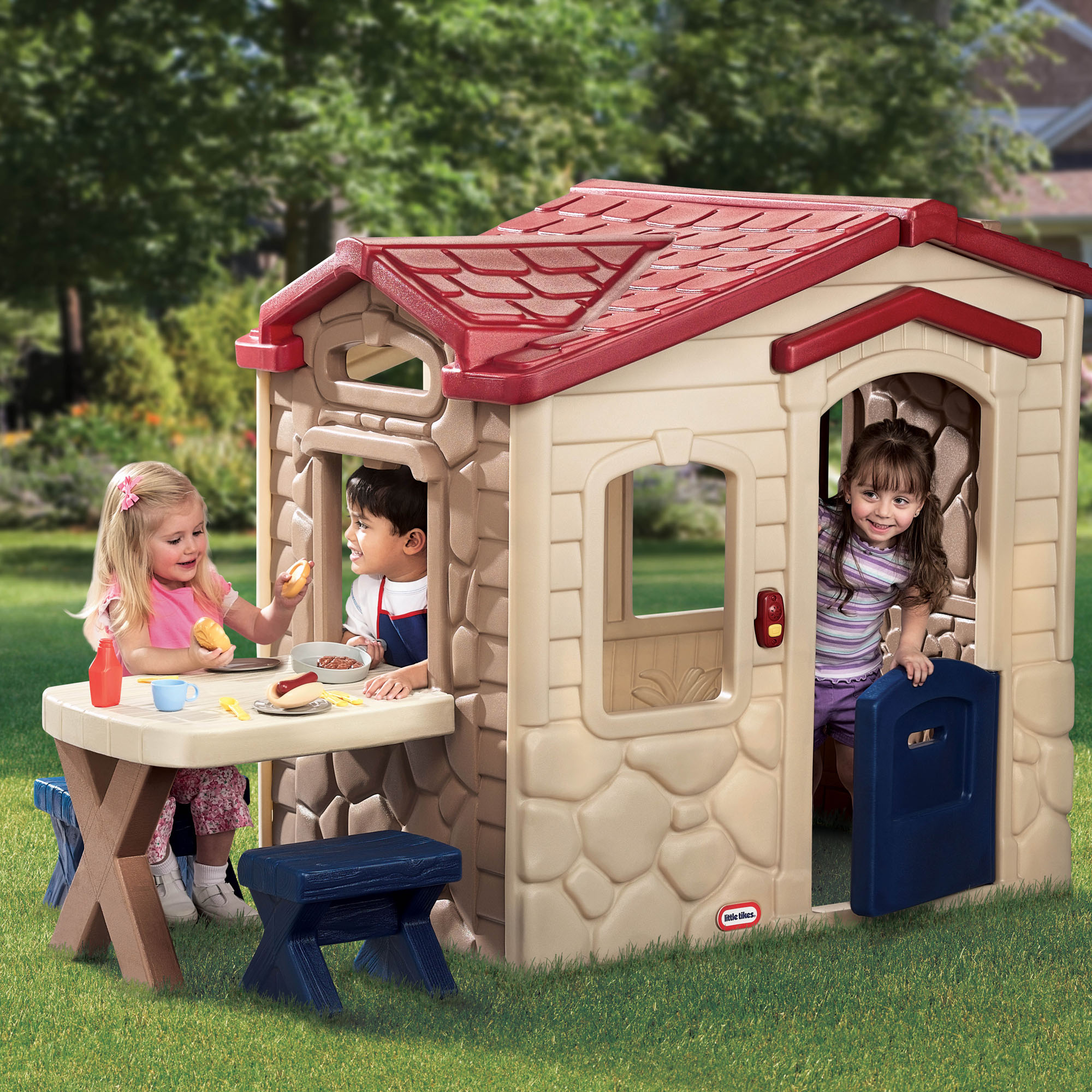 Little Tikes Picnic on the Patio Playhouse with 20 Play Accessories, Working Doorbell, Indoor and Outdoor Backyard Toy, Tan- For Kids Toddlers Boys Girls Ages 2 3 4+ Year Old - image 4 of 5