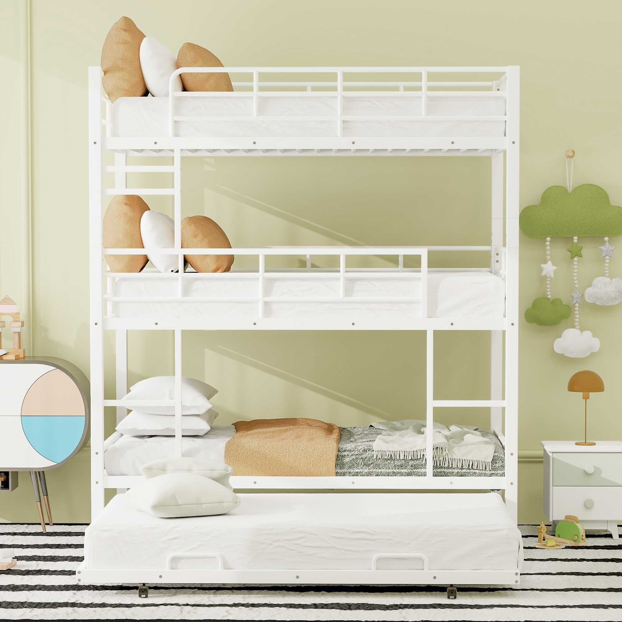 Euroco Metal Twin Triple Bunk Bed with Trundle, Convertible 4 Beds in One Bunk for Kids, White