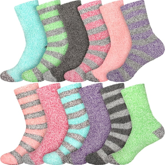 BambooMN Women's Soft Fuzzy Warm Cozy Striped Solid Socks - Assortment C - 12 Pairs