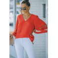thumbnail image 4 of POGLIP Women's Red Flare Sleeve V Neck Loose Blouse, 4 of 6