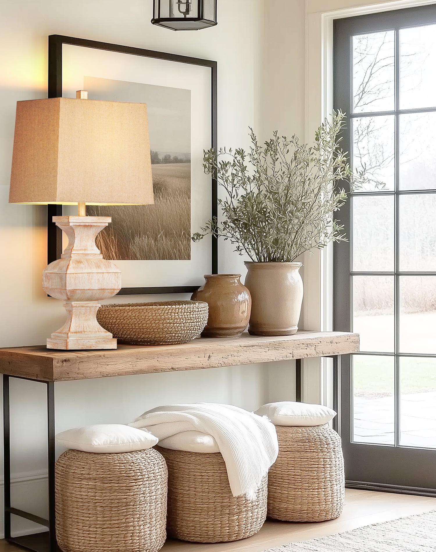 27'' Large Antique Resin Table Lamp for Living Room Bedroom Deco, Bedside Desk Lamps Vintage Nightstand Lamps with Linen Shades