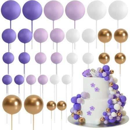 32 Pcs Ball Cake Topper Decorations, Mini Purple Cake Topper for Wedding Birthday Cake Decorating