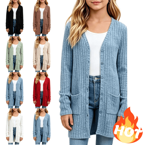 Mifsaly Girls Cardigan Sweater Button Down Long Sleeve V-Neck Ribbed Knit Cardigan with Pockets Soft Comfortable Everyday Casual Outerwear Coat
