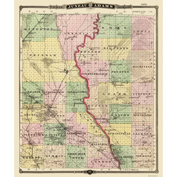 Historic County Map - Juneau Adams Counties Wisconsin - Snyder 1878 - 23 x 27.31 - Vintage Wall Art